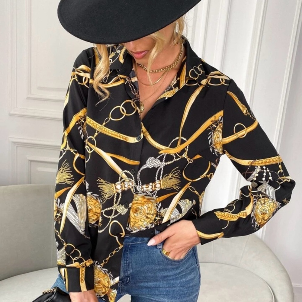Elegant Black and Gold Chain Print Blouse